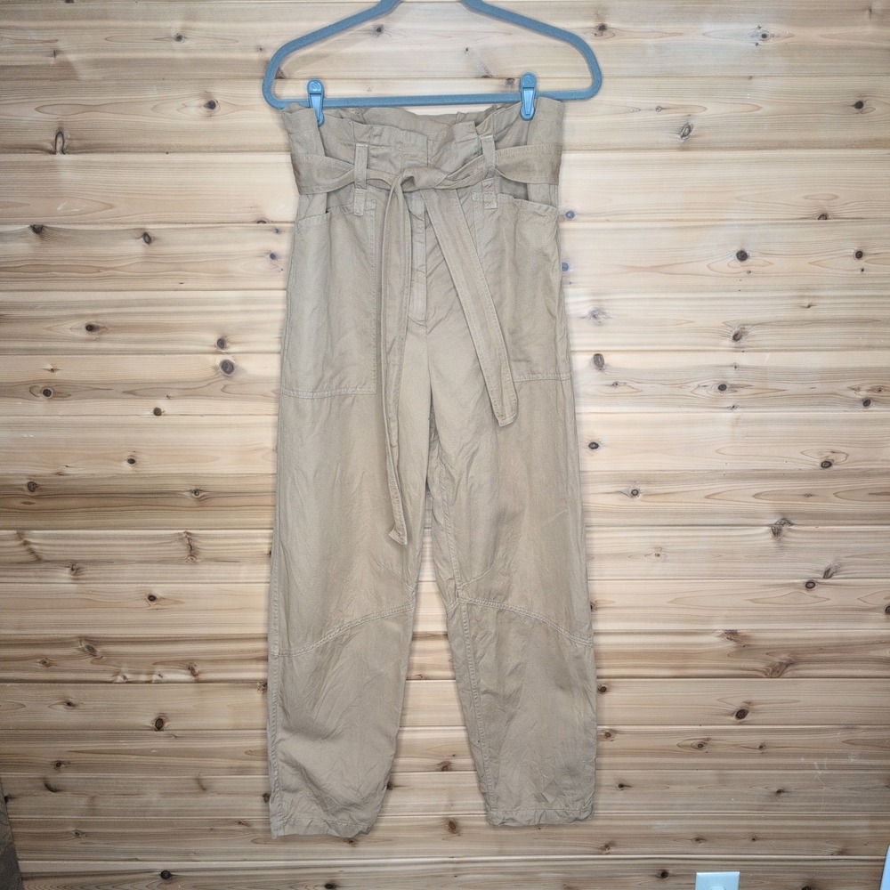 A.L.C. Women Tan Khaki Cotton Linen Paperbag Waist Utility Pants Size 10